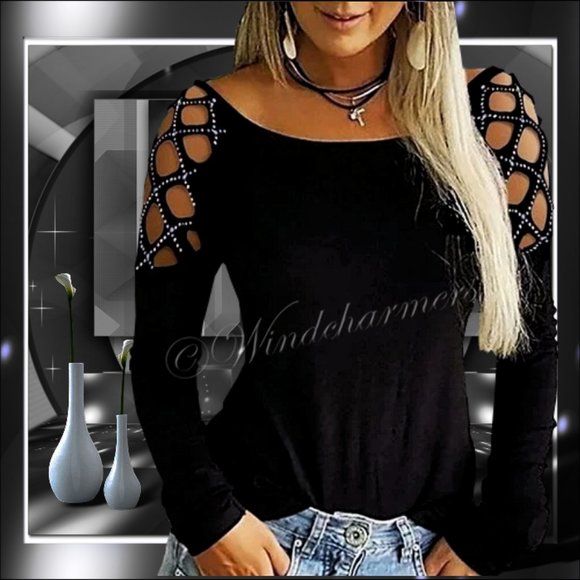 Sparkly Black Caged Shoulder Tee - Picture 1 of 7